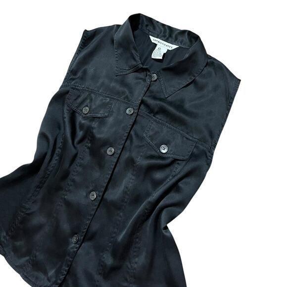 VTG 90s Sophisticates Washed Black Silk Button Up Sleeveless Collared Vest Top L - Picture 2 of 8